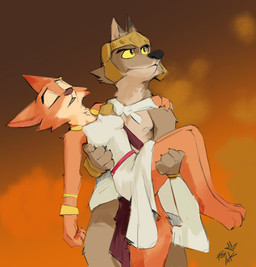 anthro arm_around_partner arm_around_shoulder armor bottomwear boyfriend/girlfriend canon_couple carrying_person clothing duo eyebrow_piercing eyes_closed facial_piercing female gold_(metal) gold_jewelry headgear helmet jewelry loincloth male male/female piercing roman roman_clothing roman_empire tuft foxink disney dreamworks the_bad_guys zootopia diane_foxington mr._wolf_(the_bad_guys) canid canine canis fox mammal wolf hi_res