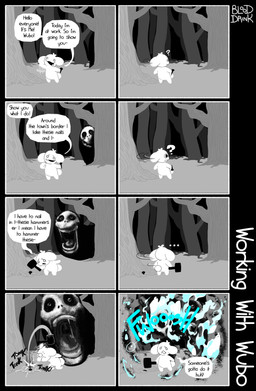 anthro blue_fire bodily_fluids colored_fire dialogue duo ellipsis fire forest hammer looking_at_viewer looking_back male nail nightmare_fuel plant question_mark scared stalking sweat sweatdrop text tools tree worried wubo_(nylonhellhole) nylonhellhole spirit unknown_species absurd_res comic english_text hi_res
