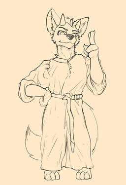 ambiguous_gender anthro belt clothed clothing gesture hand_gesture hand_on_hip horn looking_at_viewer oversized_clothing pointing shirt simple_background smile solo standing tail topwear dep the_dragon_in_the_dungeon vatch canid canine hybrid mammal digital_media_(artwork) hi_res
