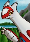 blush claws female feral forest gesture happy looking_at_viewer mountain multicolored_body plant solo tree waving yellow_eyes badday_(artist) nintendo pokemon generation_3_pokemon latias legendary_pokemon pokemon_(species) digital_media_(artwork)