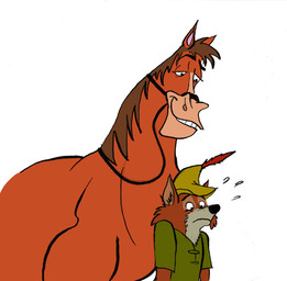 anthro biped black_eyebrows black_eyes black_nose bodily_fluids brown_body brown_fur brown_mane cheek_tuft clenched_teeth clothing duo eyebrows facial_tuft feral floating_eyebrows fur green_clothing green_shirt green_topwear green_tunic harness hat hat_feather headgear headwear larger_feral looking_down looking_down_at_another loose_feather male mane multicolored_body multicolored_fur nervous nervous_sweat open_mouth orange_body orange_fur raised_eyebrow shirt simple_background size_difference smaller_anthro smile smiling_at_another smirking_at_another sweat teeth toothy_grin topwear tuft tunic two_tone_body two_tone_fur white_background white_body white_fur white_sclera worried worried_look yellow_clothing yellow_hat yellow_headwear rudy_quorido disney home_on_the_range robin_hood_(disney) buck_(home_on_the_range) robin_hood canid canine equid equine fox horse mammal red_fox true_fox 2025 colored crossover digital_drawing_(artwork) digital_media_(artwork) flat_colors hi_res