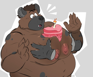 anthro areola big_breasts breast_squish breasts cake dessert disembodied_hand food male nipples nude overweight overweight_male simple_background solo squish leothelionel agent_rk hyena mammal 6:5