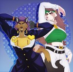 anthro cosplay crossover_cosplay duo ear_piercing female gauged_ear jojo_pose looking_at_viewer male piercing size_difference smile unluckyoni jojo's_bizarre_adventure josuke_higashikata mochi_(unluckyoni) rohan_kishibe will_delrio_(sketchybug) herpestid mammal mongoose procyonid raccoon crossover hi_res