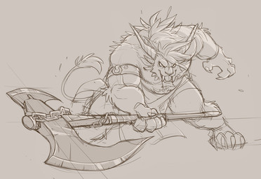 abs anthro armband axe battle_axe biceps big_muscles bottomwear chain claws clothed clothing double_bitted_axe fangs fluffy fur horn loincloth male melee_weapon muscular muscular_anthro muscular_male open_mouth pecs sabertooth_(anatomy) solo tail tail_tuft teeth toe_claws topless tuft weapon takemoto_arashi guild_wars charr felid mammal sketch