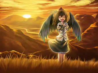 backlighting black_bottomwear black_clothing black_skirt black_wings bottomwear brown_hair clothing detailed_background eyes_closed feathered_wings feathers female hair hands_behind_back hat headgear headwear light mountain open_mouth open_smile outside red_clothing red_hat red_headwear shirt skirt smile solo standing sunset tokin_hat topwear white_clothing white_shirt white_topwear wings aozora_market touhou aya_shameimaru animal_humanoid avian avian_humanoid humanoid winged_humanoid 4:3 lighting