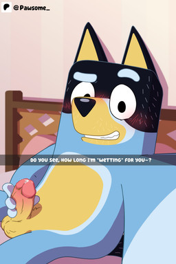 anthro balls bed bedroom big_balls big_penis blush bodily_fluids caption erection eyebrows foreskin fur furniture genital_fluids genitals glans humanoid_genitalia humanoid_penis humor inside inviting looking_at_viewer male nude on_bed penis penis_grab precum presenting presenting_penis pun raised_eyebrow seductive selfie sitting smile solo style_emulation teeth text toony tuft pawsome_(artist) bluey_(series) patreon bandit_heeler australian_cattle_dog canid canine canis cattledog domestic_dog herding_dog mammal pastoral_dog 2025 absurd_res artist_name english_text hi_res