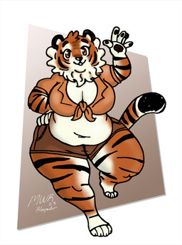 4_toes 5_fingers anthro barefoot big_breasts biped black_nose black_stripes bottomwear breasts brown_bottomwear brown_clothing brown_shorts clothed clothed_anthro clothed_female clothing countershade_face countershade_fur countershade_torso countershading eyelashes feet female female_anthro fingers fur gesture glistening glistening_eyes hand_on_hip hand_on_own_hip heart_nose heart_symbol markings orange_body orange_clothing orange_fur orange_shirt orange_topwear overweight overweight_anthro overweight_female shirt shorts slightly_chubby slightly_chubby_anthro slightly_chubby_female smile solo striped_arms striped_legs striped_markings striped_tail striped_thighs stripes tail tail_markings thick_thighs tied_shirt toes topwear waving waving_at_viewer white_body white_countershading white_markings blayaden naomi_(highlandkall) felid mammal pantherine tiger 2023 colored hi_res shaded