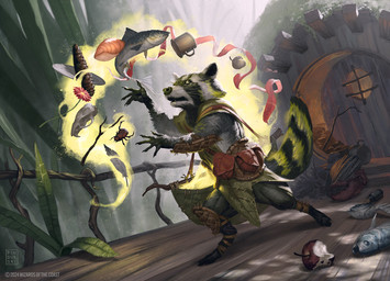 5_fingers anthro apple_core armor biped bone container cup door dutch_angle facial_markings fence fingers flower fur grey_body grey_fur head_markings leaf leather leather_armor magic male markings mask_(marking) plant pouch_(clothing) skull solo tail pindurski hasbro magic:_the_gathering wizards_of_the_coast mammal procyonid raccoon 2024 digital_media_(artwork) hi_res official_art