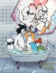 anthro anthro_on_anthro balls bath bathing bathing_together bathroom bathtub black_hair black_nose black_tail blue_tail blush blush_lines brown_tail bubble bubble_bath claw_foot_bathtub duo erection eyes_closed foreskin frottage fur genitals green_tail grey_tail hair hand_on_penis handjob_frottage happy humanoid_genitalia humanoid_penis looking_at_another male male/male multi_tail multicolored_body multicolored_fur nipples onomatopoeia orange_body orange_fur partially_retracted_foreskin partially_submerged penile penis pink_nipples purple_body purple_fur sex small_balls small_penis smile soap soap_bubbles sound_effects tail teeth text tongue two_tone_tail unretracted_foreskin water white_body white_ears white_fur white_tail young young_anthro young_male greenfr00g cam_selic lu_(luthekitsune) canid canine fox mammal 2023 absurd_res digital_media_(artwork) hi_res