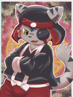anthro asian_clothing black_clothing black_headdress black_kimono blush border bottomwear clothing east_asian_clothing eye_patch eyewear fur green_eyes grey_body grey_fur happy japanese_clothing kimono looking_down male open_mouth pants red_bottomwear red_clothing red_pants solo tail white_border young young_anthro young_male kopel_doppel bemani konami pop'n_music kagetora_(pop'n_music) felid mammal pantherine tiger 2024 hi_res