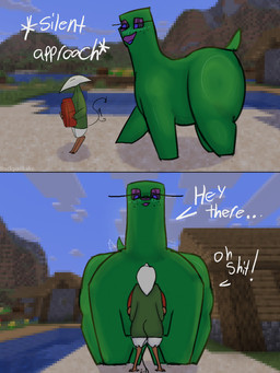 anthro black_sclera blue_eyes blush blush_lines brown_body clothed clothing duo female green_body male multicolored_body screencap screencap_background size_difference standing tail tail_motion tailwag text two_tone_body white_body rockpankake microsoft minecraft mojang xbox_game_studios roi_(rockpankake) creeper_(minecraft) miteling 2026 3:4 comic digital_media_(artwork) english_text hi_res
