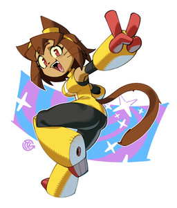 anthro breasts brown_body brown_hair butt clothing eyebrows eyelashes eyewear eyewear_on_head female gesture goggles goggles_on_head hair hand_gesture open_mouth open_smile red_eyes smile solo v_sign whiskers yellow_clothing yellow_sclera thehelmetguy gameoverse glitch_productions kit_bodega domestic_cat felid feline felis mammal 2026 hi_res