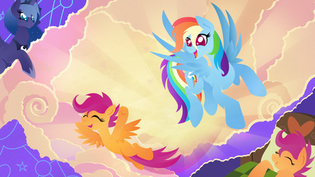 blue_body blue_eyes blue_feathers blue_fur blue_hair cloud crown cutie_mark dream duo eyes_closed feathered_wings feathers female feral flying fur hair headgear heart_symbol horn jewelry moon multicolored_hair necklace orange_body orange_fur purple_eyes purple_hair rainbow_hair sky sleeping sparkles sun wings rariedash friendship_is_magic hasbro my_little_pony mythology princess_luna_(mlp) rainbow_dash_(mlp) scootaloo_(mlp) equid equine mammal mythological_creature mythological_equine pegasus winged_unicorn 16:9 2013 hi_res widescreen
