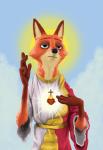 anthro christian_symbol christianity clothed clothing cross fur green_eyes half-closed_eyes halo heart_symbol male narrowed_eyes orange_body orange_fur religion robe solo what thatotherwhaleoil disney zootopia jesus_christ nick_wilde canid canine fox mammal red_fox true_fox absurd_res digital_media_(artwork) digital_painting_(artwork) hi_res