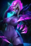 2017 5_fingers absurd_res areola big_breasts breasts curvy_figure demon evelynn_(lol) facial_markings female fingers front_view genitals glowing hair head_markings hi_res huge_breasts humanoid league_of_legends looking_at_viewer mammal markings navel nipple_piercing nipples not_furry nude piercing portrait pupils purple_body purple_skin pussy riot_games short_hair simple_background slit_pupils smile solo standing teeth tencent thick_thighs thoumeco three-quarter_portrait voluptuous white_hair wide_hips yellow_eyes