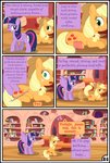 absurd_res applejack_(mlp) base_three_layout bedroom_eyes blockage_(layout) book comic dialogue duo english_text equid female feral five_frame_image four_frame_grid freckles friendship_is_magic furniture gutovi-kun hasbro hi_res horizontal_blockage magic magic_user mammal my_little_pony narrowed_eyes seductive table text three_row_layout twilight_sparkle_(mlp)