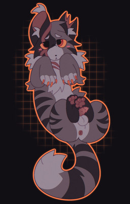 :< animal_genitalia animal_penis anus balls blush bodily_fluids cheek_tuft claws countershading dot_nose ear_tuft eyebrows facial_scar facial_tuft feline_genitalia feline_penis feral fluffy fluffy_tail genital_fluids genitals geometric_background grey_balls grid_background inner_ear_fluff male orange_eyes orange_outline outline pattern_background pawpads penis pink_pawpads precum precum_bead red_claws scar simple_background solo stripes surgical_suture tail torn_ear tuft x_anus xbramblefrostx warriors_(book_series) shadowsight_(warriors) domestic_cat felid feline felis mammal tabby_cat 2026 hi_res