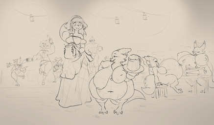 age_difference belly big_belly big_breasts breasts dancing female group huge_belly huge_breasts indigestion morbidly_obese morbidly_obese_female navel non-mammal_breasts obese obese_female older_female outie_navel overstuffed overweight overweight_female pregnant pregnant_female scenery size_difference stuffing sinfullapis dwarf_fortress matron humanoid kobold scalie sketch