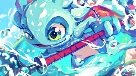 ambiguous_gender anthro blue_body blue_skin green_eyes head_tentacles melee_weapon polearm solo spear water weapon karumonufu league_of_legends riot_games tencent fizz_(lol) aquatic yordle 16:9 hi_res widescreen