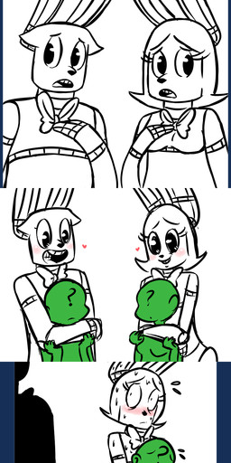 anthro blush bodily_fluids bow_(feature) bow_tie breasts buckteeth crossgender dialogue duo featureless_breasts female group heart_symbol hug hugging_another hugging_from_behind machine male shadow silhouette simple_background speech_bubble sweat teeth text white_background inkyfrog five_nights_at_freddy's scottgames anon bonnie_(fnaf) animatronic human lagomorph leporid mammal rabbit robot 2016 comic english_text hi_res partially_colored