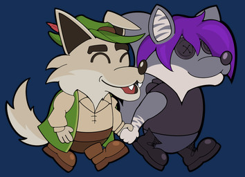 anthro bottomwear brown_body brown_fur button_(fastener) button_eyes clothing duo eyebrows eyes_closed fangs floppy_ears folded_ears footwear fur grey_body grey_fur hair hand_holding hat headgear headwear male male/male multicolored_body open_mouth pants pointy_ears purple_hair shoes simple_background snout tail teeth two_tone_body walking faewhisker escape_from_ever_after faewhisker_(character) wolfgang_(escape_from_ever_after) canid canine canis domestic_dog husky mammal nordic_sled_dog spitz wolf alpha_channel digital_media_(artwork) hi_res