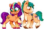 brown_eyes brown_hooves cutie_mark duo eyelashes female feral fetlocks fur green_eyes green_hair green_mane green_tail hair hooves leg_tuft male mane multicolored_mane orange_body orange_fur pink_hooves purple_hair purple_mane purple_tail raised_hoof simple_background tail teeth tuft white_background yellow_body yellow_fur esmeia hasbro mlp_g5 my_little_pony hitch_trailblazer_(mlp) sunny_starscout_(mlp) earth_pony equid equine horse mammal pony 2023