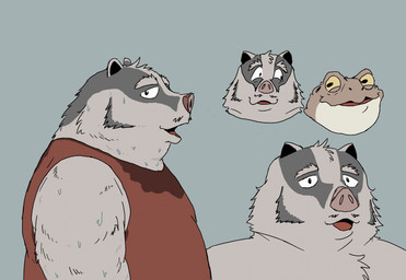 anthro bodily_fluids clothing duo head_stripe male open_mouth overweight overweight_male shirt simple_background solo sweat topwear taxonite amphibian badger frog hog_badger mammal mustelid musteline 2026 hi_res