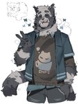 2024 absurd_res anthro athletic athletic_anthro athletic_male biped blue_clothing blue_jacket blue_topwear canid canine canis clothing eyes_closed fur gesture graysheartart grey_body grey_fur hand_gesture hi_res jacket male mammal solo topwear v_sign wolf