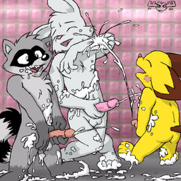 bath bathhouse bodily_fluids cheek_tuft chest_tuft cum cum_everywhere cum_fight cum_on_arm cum_on_belly cum_on_body cum_on_face cum_on_feet cum_on_ground facial_tuft feet genital_fluids genitals group head_tuft male male/male markings messy open_mouth penis striped_markings striped_tail stripes tail tail_markings trio tuft nanimoose nintendo pokemon generation_2_pokemon lagomorph leporid mammal pichu pokemon_(species) procyonid rabbit raccoon 1:1 low_res