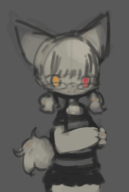 3_fingers anthro bangs black_bottomwear black_clothing black_lips black_nose black_skirt bottomwear clothed clothing eyelashes eyewear female fingers fluffy fluffy_tail frown fully_clothed fur glasses hair hands_together heterochromia kemono lips looking_at_viewer orange_eyes pigtails red_eyes simple_background skirt smile solo standing tail tail_motion tailwag tan_body tan_ears tan_fur tan_hair tan_tail wind young hasukii herba_(hasukii) canid canine mammal animated hi_res short_playtime