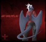 anthro barefoot biped claws clothed clothing ear_fins feet fin fully_clothed furgonomics grey_body grey_skin head_fin hoodie horn male membrane_(anatomy) membranous_wings rear_view red_background simple_background solo standing sweater tail tail_clothing text topwear wings pechschwinge mythology dragon mythological_creature mythological_scalie scalie english_text