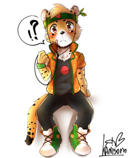 accessory anthro band-aid bandage biped black_body black_fur black_nose blush brown_eyes clothing footwear fur headband interrobang male shoes simple_background sitting solo white_body white_fur yellow_body yellow_fur young young_anthro rabbitdx26 felid leopard mammal pantherine