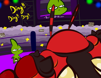 anthro big_head bottomwear clothed clothing duo electronics fighting_ring green_body green_skin huge_head loincloth looking_at_another male monitor muscular muscular_male nipples onomatopoeia simple_background size_difference skimpy sound_effects text toony topless wrestling 1upgobbo nintendo pokemon jay_(1upgobbo) joel_(1upgobbo) arthropod buzzwole generation_2_pokemon generation_7_pokemon insect larvitar pokemon_(species) ultra_beast hi_res