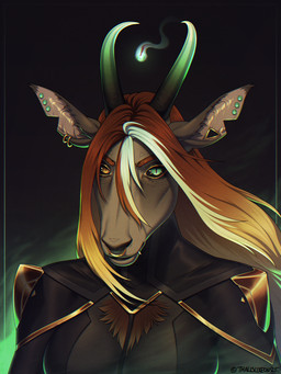 anthro clothed clothing ear_piercing ear_ring facial_piercing fangs hair heterochromia horn jewelry male multicolored_hair multiple_piercings nose_piercing orange_hair piercing ring_piercing septum_piercing solo teeth two_tone_hair thalislixeon mythology thalis bovid caprine mammal marine mythological_creature mythological_marine sea_goat 3:4 hi_res