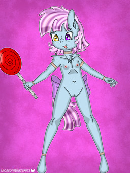 accessory anthro armwear bow_ribbon candy chest_fur clothing collar dessert female flat_chested food freckles furgonomics genitals hair holding_candy holding_food holding_lollipop holding_object legwear lollipop long_tail nipples nude ribbons short_hair solo spread_arms spread_legs spreading tail tail_accessory tail_bow tail_ribbon tongue tongue_out vulva young blossomblaze hasbro my_little_pony fan_character 3:4 absurd_res hi_res