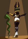 anthro brown_background clothing duo egyptian egyptian_clothing egyptian_headdress female feral midriff rear_view simple_background solo spotlight staff poiuytrew ankhmara anubian_jackal canid canine canis cobra jackal mammal reptile scalie snake 2017 digital_media_(artwork) hi_res