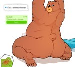 anthro belly big_belly blush brown_body brown_fur butt clothing dialogue discarded_clothing feet fur inviting kneeling male mascot overweight overweight_male paws presenting solo tail talking_to_viewer text blem-bop duolingo duo_(duolingo) falstaff_(duolingo) bear brown_bear grizzly_bear mammal ursine english_text french_text