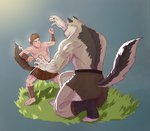 anthro arm_wraps bandage barefoot biceps big_muscles black_body black_fur bottomwear brown_hair clothed clothing duo eye_contact feet fight footwear fur grass grey_body grey_fur hair kneeling leg_wraps looking_at_another male multicolored_body multicolored_fur muscular muscular_anthro muscular_male plant simple_background skirt smile standing teeth toeless_footwear topless topless_male training two_tone_body two_tone_fur white_body white_fur wraps wrestling marioferro zilch1998 anthony_caligula kraso_(xxsparcoxx) animal_humanoid canid canid_humanoid canine canine_humanoid canis humanoid mammal mammal_humanoid wolf wolf_humanoid 2019 absurd_res digital_media_(artwork) hi_res father_(lore) father_and_child_(lore) father_and_son_(lore) parent_(lore) parent_and_child_(lore) parent_and_son_(lore) son_(lore)