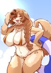 4_fingers anthro big_breasts bikini biped bracelet braided_hair braided_ponytail breasts brown_body brown_ears brown_eyes brown_fur brown_hair brown_nose brown_pawpads brown_tail cleavage clothed clothing collar crotch_tuft cute_fangs day fangs female female_anthro fingerpads fingers floppy_ears fluffy front_view full_cleavage fur gold_bikini hair half-closed_eyes hand_on_hip huge_breasts humanoid_hands jewelry kemono light long_hair looking_at_viewer midriff monotone_hair multicolored_body multicolored_fur narrowed_eyes navel neck_tuft nipple_outline open_mouth open_smile outside pawpads pink_tongue ponytail pupils side-tie_bikini skimpy sky smile solo string_bikini sunlight swim_ring swim_ring_on_tail swimwear tail tan_body tan_fur teeth three-quarter_view tongue tuft two-piece_swimsuit two_tone_body two_tone_fur setouchi_kurage golden_week canid canine canis domestic_dog mammal 2024 colored digital_media_(artwork) hi_res portrait shaded three-quarter_portrait