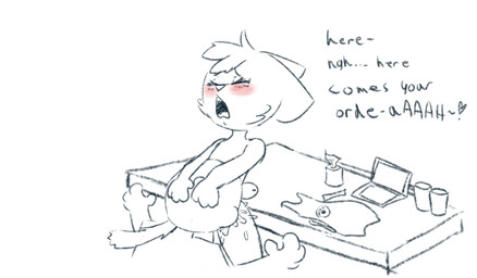 anthro apron apron_only bench blush bodily_fluids clothing computer container cum cum_in_mouth cum_inside cup duo ejaculation electronics eyes_closed fellatio genital_fluids hand_on_head laptop male male/male oral penile sex shocked tail text thrusting tissue tissue_box wizzet humanoid absurd_res english_text hi_res