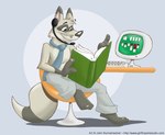 2006 anthro biped book bottomwear canid canine clothing computer cooner desk digital_media_(artwork) electronics feet fender fender_(furaffinity) fox fur furaffinity furniture headgear headphones headset headset_microphone hybrid male mammal mascot mustelid musteline necktie pants paws reading reading_book shirtless simple_background sitting solitaire table tail true_musteline weasel