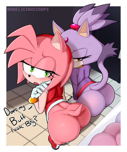 anthro big_butt blush bottomless bubble_butt butt clothed clothing duo female presenting presenting_hindquarters delicioussoup sega sonic_the_hedgehog_(series) amy_rose blaze_the_cat domestic_cat eulipotyphlan felid feline felis hedgehog mammal 2023 hi_res