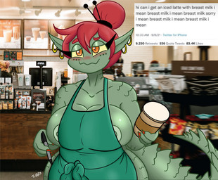 anthro apron apron_only beverage big_breasts blush breasts clothing coffee female green_body hair orange_eyes red_hair solo tail text tibbs i_mean_breast_milk daisy_(tibbs) crocodile crocodilian reptile scalie absurd_res english_text hi_res meme