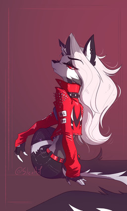 5_fingers alternative_fashion anthro belt black_body black_fur black_nose bottomwear breasts clothing collar ear_piercing eyebrows eyelashes female fingerless_gloves fingers fishnet_clothing fur gloves grey_body grey_fur hair handwear jacket leggings legwear logo long_hair looking_at_viewer looking_back piercing punk red_clothing red_jacket red_sclera red_topwear shorts sitting solo spiked_collar spikes stockings text text_on_clothing text_on_jacket text_on_topwear thigh_highs topwear torn_clothing white_body white_eyes white_fur siliciaart hellaverse helluva_boss mythology loona_(helluva_boss) canid canid_demon canine demon hellhound mammal mythological_canine mythological_creature 2020 hi_res