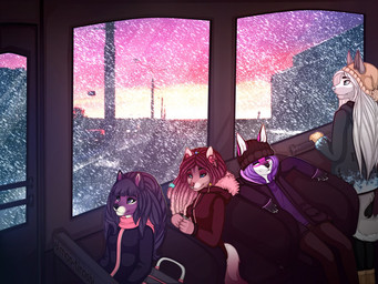 anthro beanie clothing dreadlocks facial_piercing female fur group hair hat headgear headwear male nose_piercing piercing septum_piercing smile snow almos-tiroshi selene_leni canid canine fox mammal 4:3