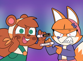angry anthro bangs blunt_bangs blush blush_stickers brown_body brown_fur buckteeth clenched_teeth cross-popping_vein dipstick_tail duo female fur gesture glaring_at_viewer green_eyes hair hand_gesture humor markings orange_body orange_fur pink_eyes pointing pregnancy_test pregnant red_hair tail tail_markings teeth underage_pregnancy white_body white_fur young young_anthro young_female anonymous_artist doom_(series) id_software microsoft murphy_and_mitzi mitzi_(ajmarekart) vivian_(ajmarekart) canid canine fox mammal rodent sciurid tree_squirrel