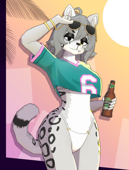 alcohol anthro beer beer_bottle beverage bikini black_eyelids bottle clothed clothing container crop_top eyewear female fur grey_body grey_fur hair holding_beverage holding_eyewear holding_object holding_sunglasses lifting_glasses looking_at_viewer shirt solo sunglasses swimwear thick_thighs topwear two-piece_swimsuit white_body white_clothing white_fur white_swimwear danaby2 grand_theft_auto grand_theft_auto_vi gta_vi_cover_girl rockstar_games felid mammal pantherine snow_leopard 3d_(artwork) cel_shading digital_media_(artwork) hi_res shaded