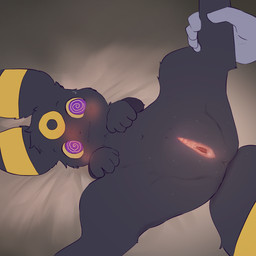 ambiguous_gender black_body black_fur blush duo female feral fur genitals humanoid_genitalia humanoid_genitalia_on_feral humanoid_vulva humanoid_vulva_on_feral nude simple_background solo_focus spiral spiral_eyes spread_legs spreading tail vulva snoiifoxxo nintendo pokemon eeveelution generation_2_pokemon pokemon_(species) umbreon 1:1 hi_res