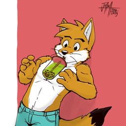 4_fingers anthro beverage bottomwear bubble_tea clothed clothing drinking eyebrows fingers male navel pants pants_only pubes simple_background solo tail topless whiskers juan_atoq atoq_(juanatoq) canid canine culpeo_fox fox mammal south_american_fox 1:1 hi_res signature