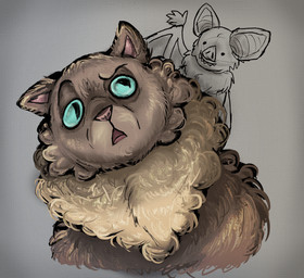 ambiguous_gender blue_eyes complaining confusion curly_hair duo feral fur gesture hair long_fur neck_tuft salute smile tan_body tuft deidad_dissitum bat domestic_cat felid feline felis mammal sketch